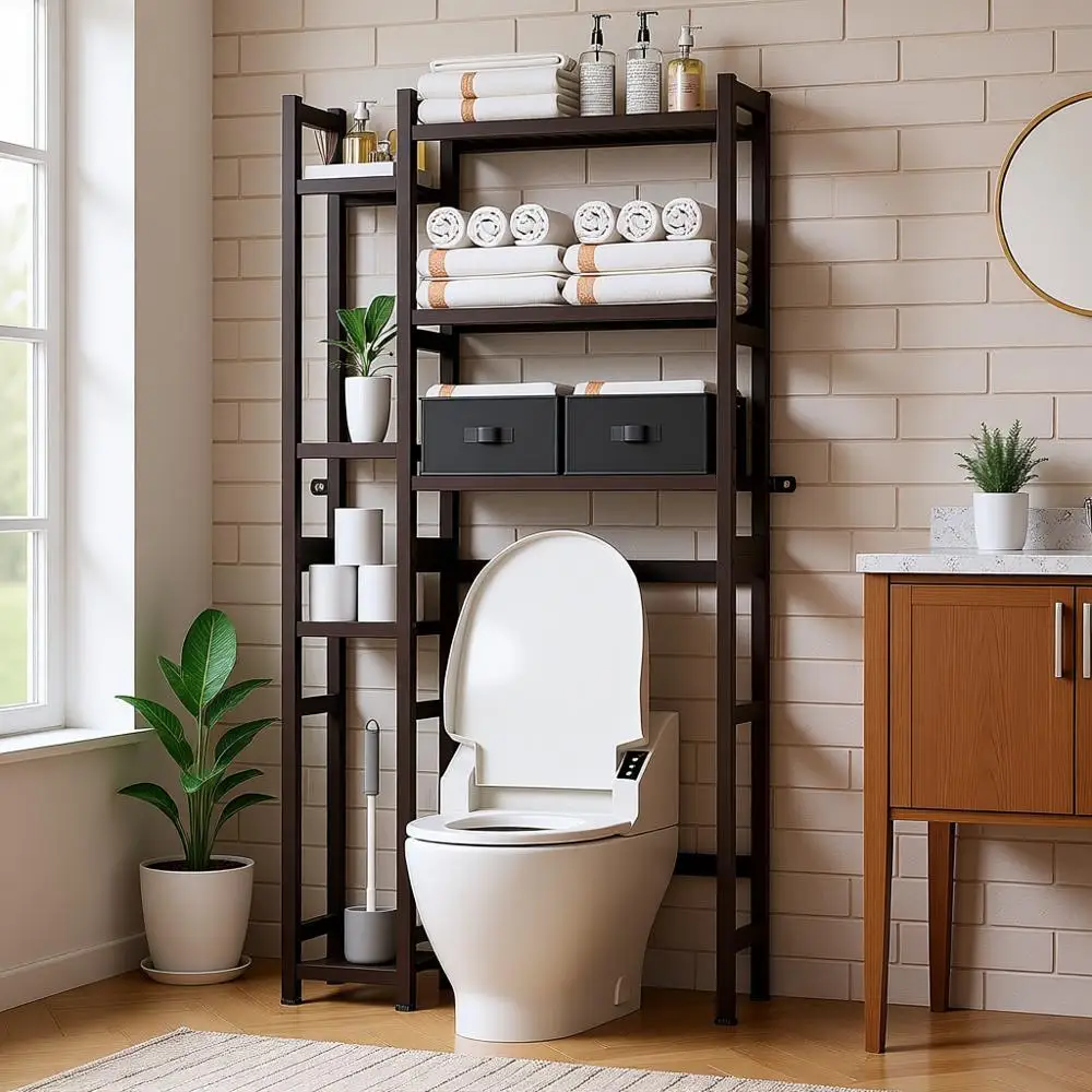 

Over-the-Toilet Bamboo Storage with Adjustable Shelf and Waterproof Mat, Space-Saving Bathroom Organizer, Brown