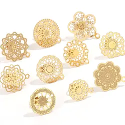 10pcs Stainless Steel Openwork Flower Earring Stud Fashion Earring Base Connectors DIY Flower Pattern Earring Needle Post Stoppe