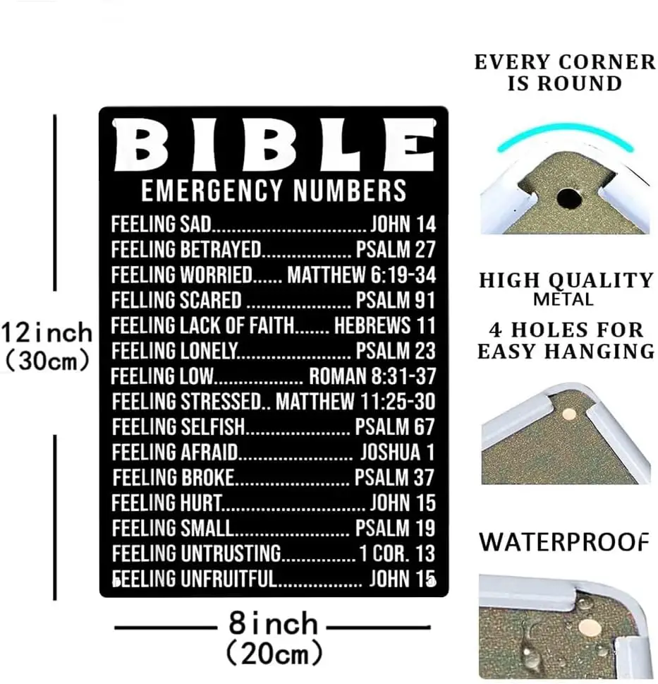 Bible Emergency Hotline Numbers Sign Metal Tin Sign, Jesus Poster for Home Office Garden Bars Pub Man Cave Wall Decor Plaque Sig