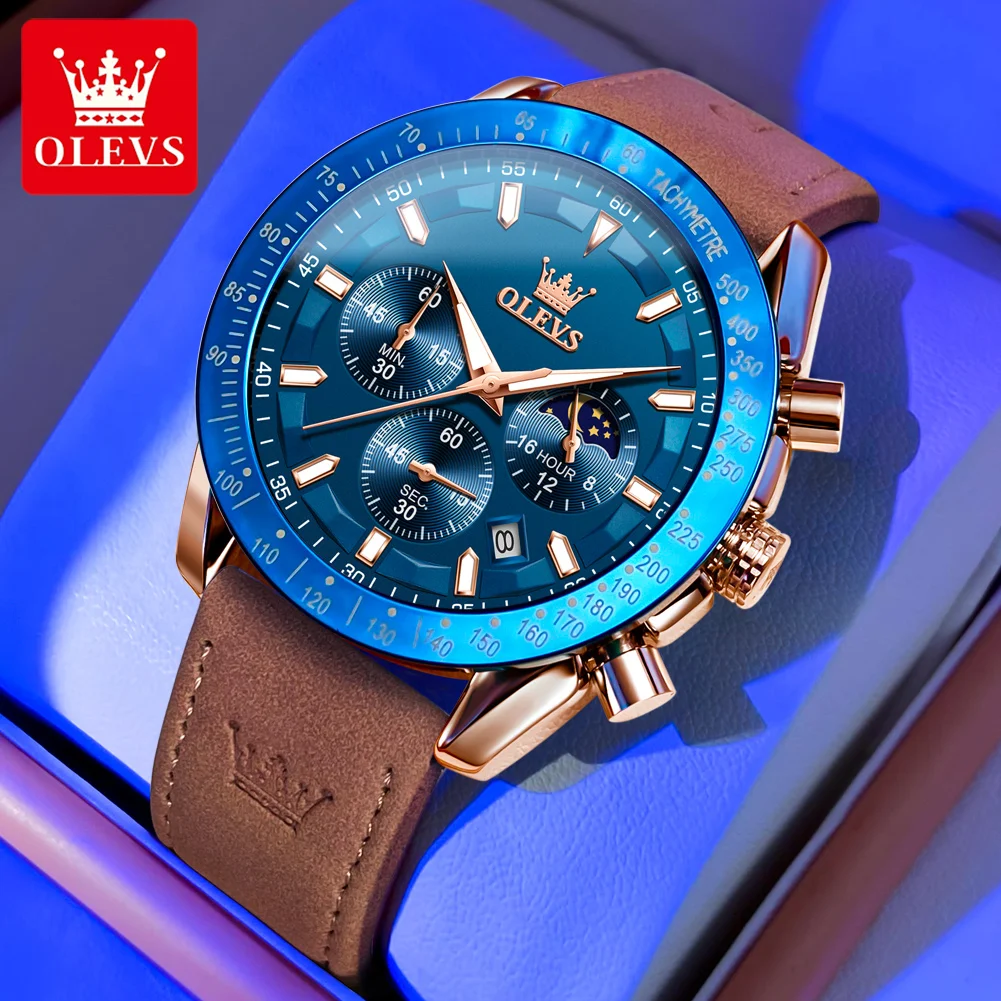 

Original OLEVS Quartz Watch for Men Chronograph Moon Phase Waterproof Luminous Leather Strap Male Wristwatch Men's Sport Watches