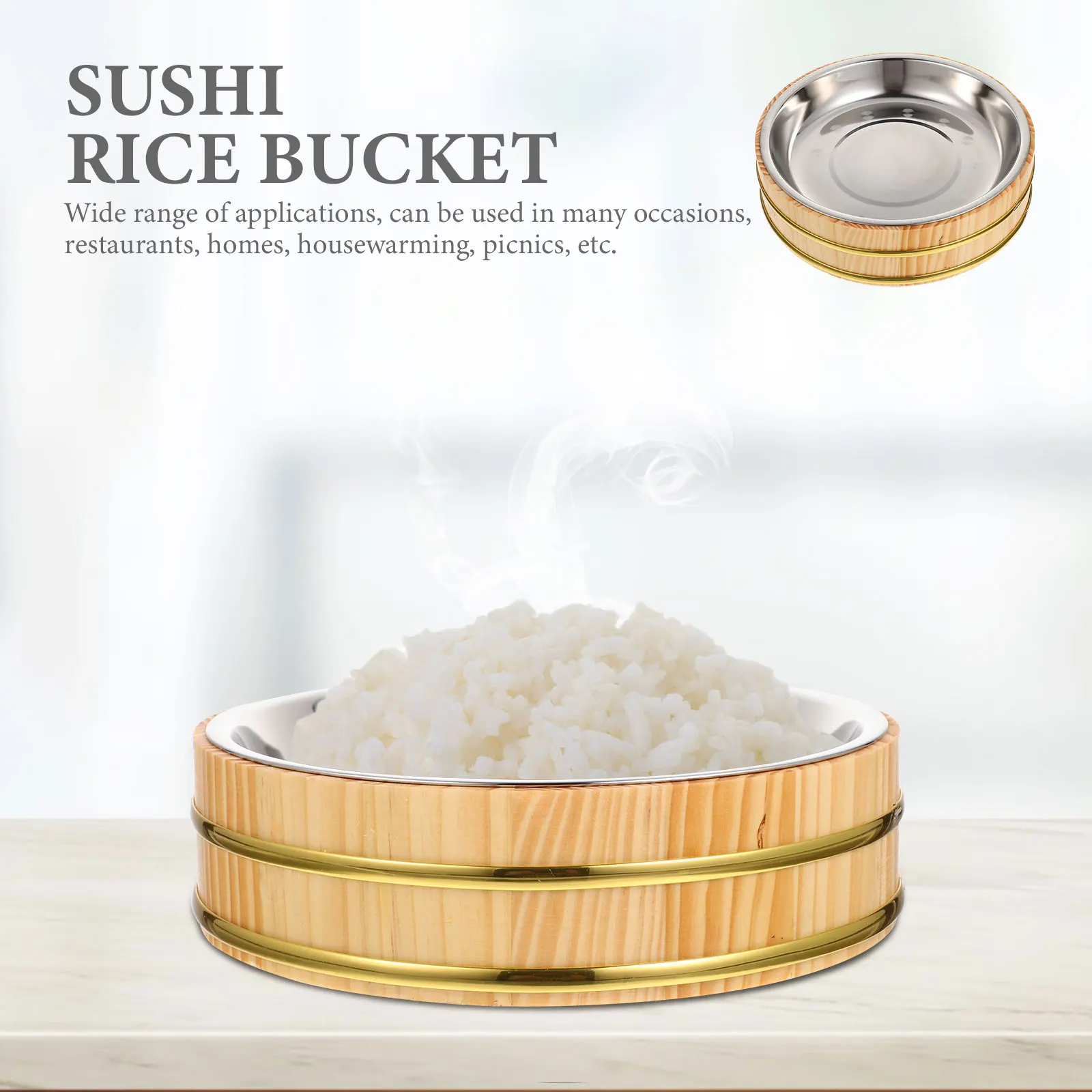 

Wooden Bucket Japanese Sushi Rice Basin Stainless Steel Kitchen Container BBQ Decor Wooden Bowl Food Photography Props Large