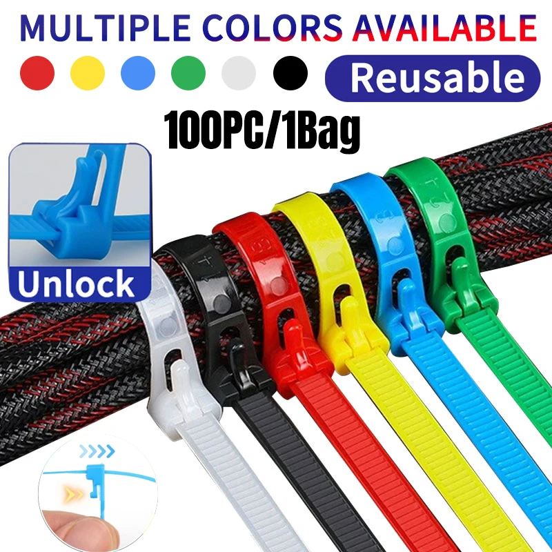 100-500pc Reusable Nylon Cable Ties Removable Cable Lock Loop Nylon Ties Wire Management Binding Straps Home Office Organization