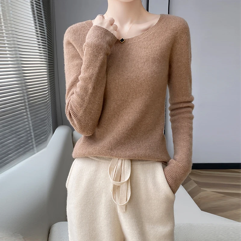 Autumn and winter new 100% pure wool cashmere sweater O-neck fashion slim pullover solid color long sleeve with bottoming shirt