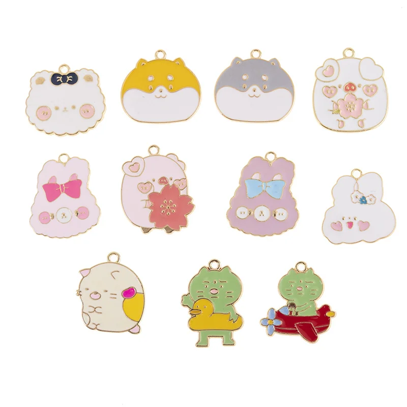 10Pcs Mixed Kawaii Cat Rabbit Enamel Charms Fashion Alloy Annimal Pendant DIY Keychain Bracelet Decor Accessory Jewelry