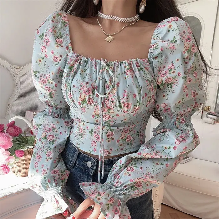 2025 French Vintage Square Neck Drawstring Lantern Sleeve Chiffon Blouse Plus Size 4XL Spring Summer Vacation Top blusas mujer