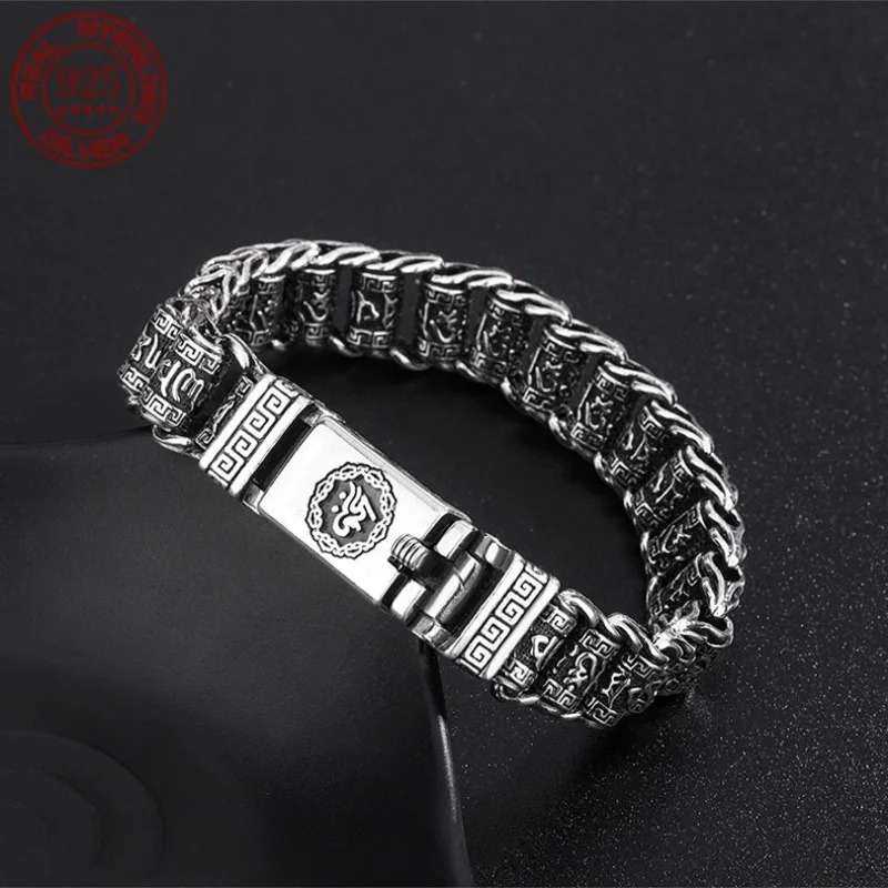 

100% Real Solid S925 Silver Retro Lucky Six-Character Mantra Man Bracelet Thick Style Domineering Trend Personality Jewelry