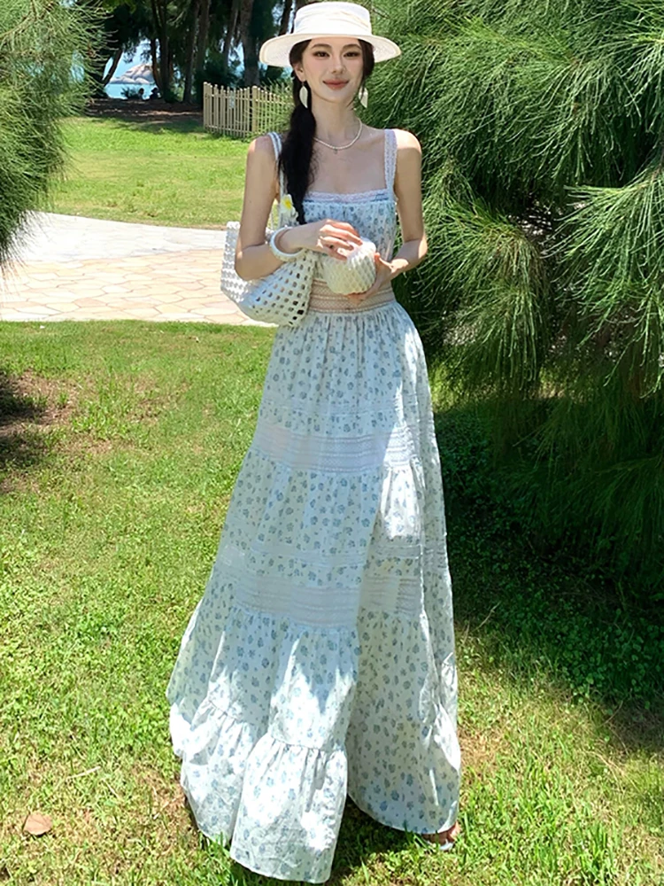2026 Floral Patchwork Lace Hollow Out Square Collar Sling Dress Women Boho Elegant Casual Dress Summer Korean Luxury Party Dress