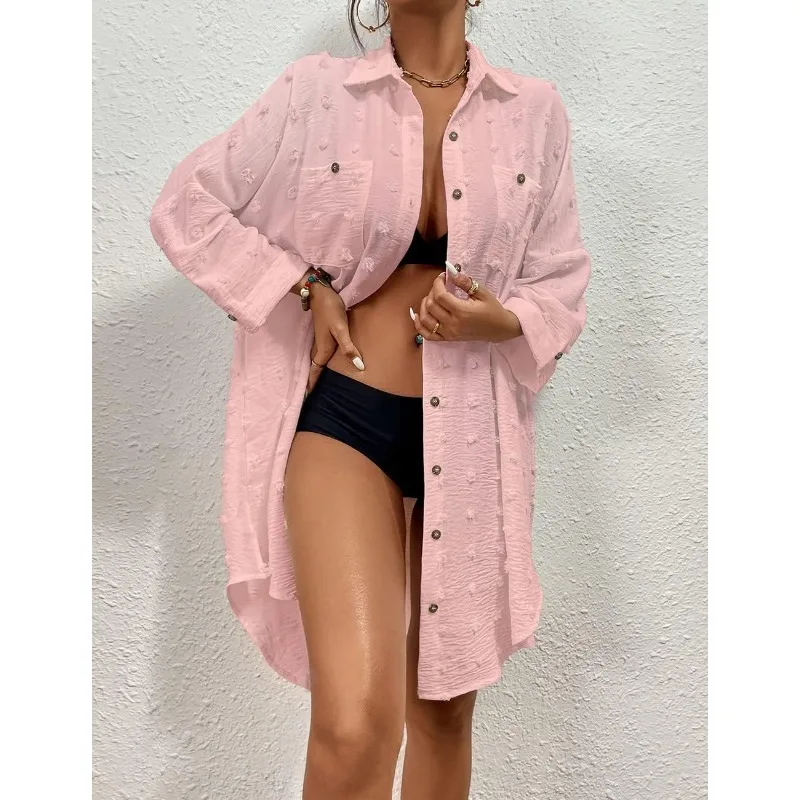 여성용 수영복 커버업 솔리드 자카드 싱글 브레스티드 턴다운 칼라 비키니 커버업 2025 신상 휴가 여성 비치 드레스