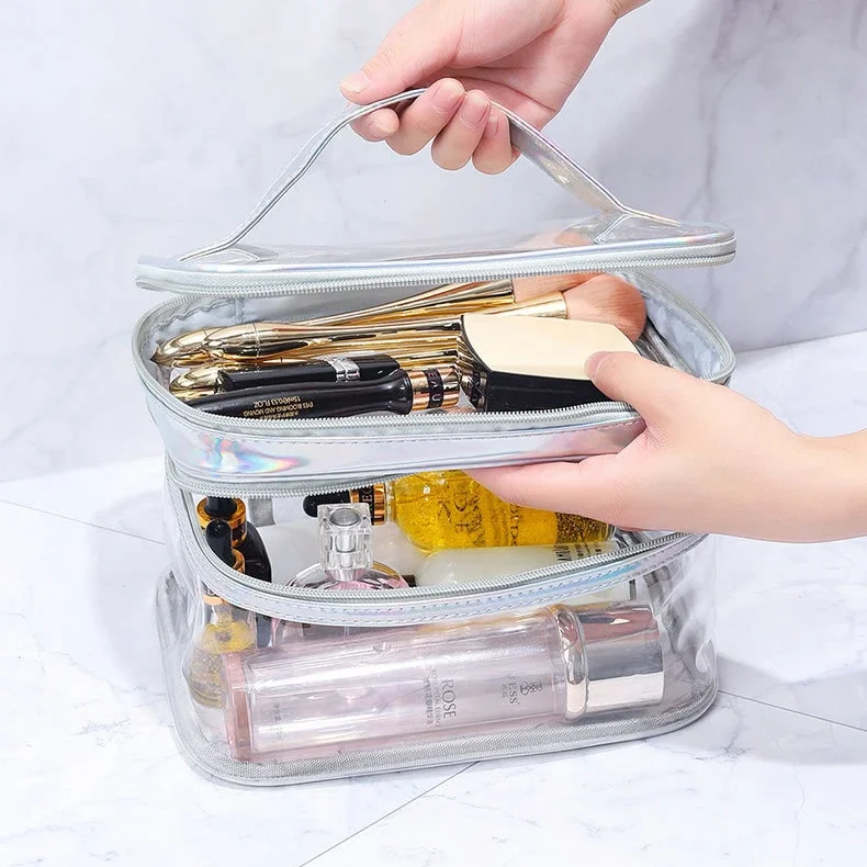 Transparente Kosmetiktasche für Damen, Netzkjolendesign, große Kapazität, Reise-Waschtasche für Mädchen, tragbar, wasserdicht, Aufbewahrungstasche – Detail 10