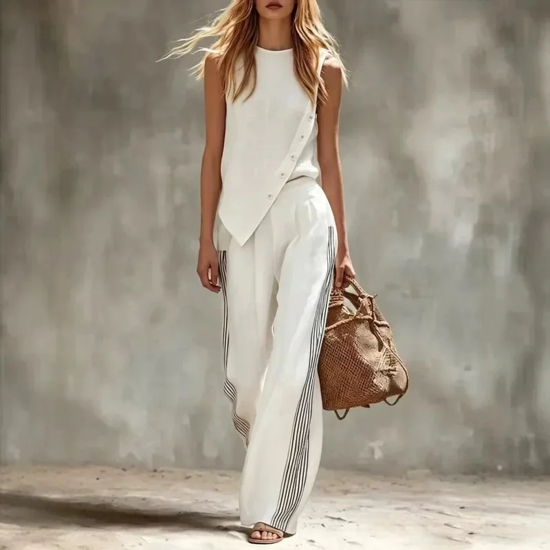 Women's Summer Irregular Sleeveless Tank Top Wide Leg Pants Two Piece Set  Linen Blend Loose Casual Vacation Boho Outfit New