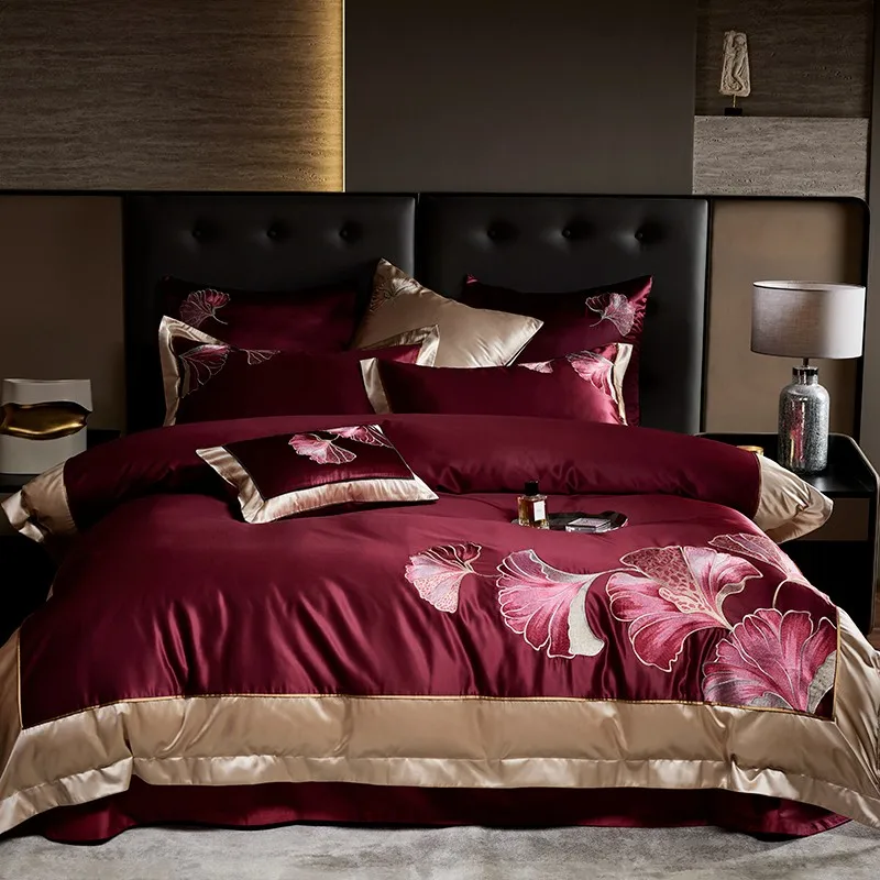 Ultra Soft Silky Satin Bedding set Luxury Wine Red Patchwork Embroidery Duvet Cover Bed Sheet Pillowcases Double Queen King 4Pcs