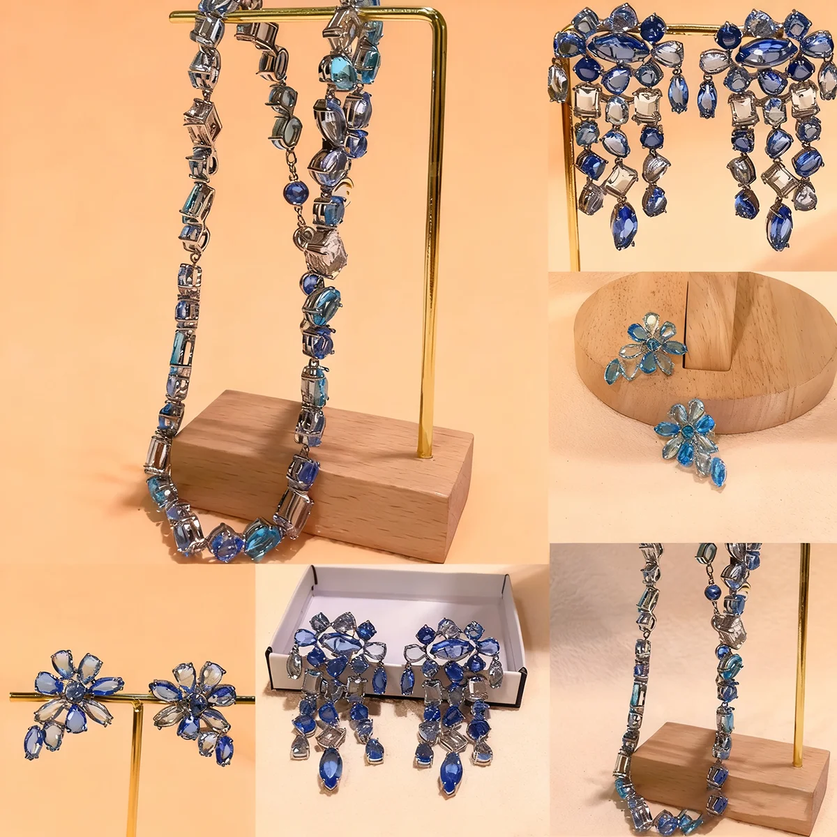 

Candy Collection Blue Choker Necklace Women Earrings Bracelet Charm Large Crystal High Quality Jewelry Luxury Set Party Gift