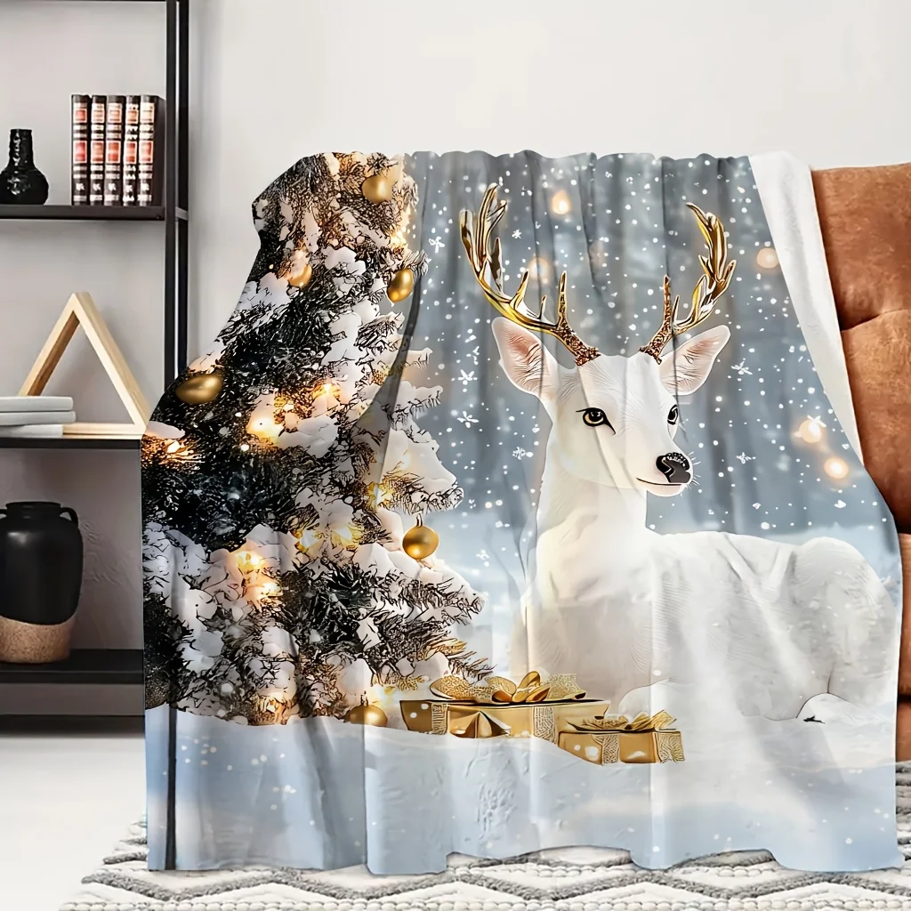 1pc Snowy Forest White Stag Christmas Print Flannel Blanket, Comfortable and All-season Usable, Suitable for Blankets, Kid Bed C