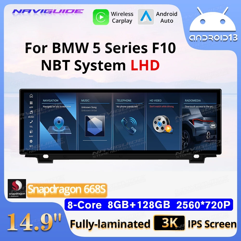 

NAVIGUIDE 14.9 Inch 8G+128G Car GPS Navigation Android 13 For BMW 5 Series F10 F11 2010-2017 CIC NBT System Multimedia Player BT