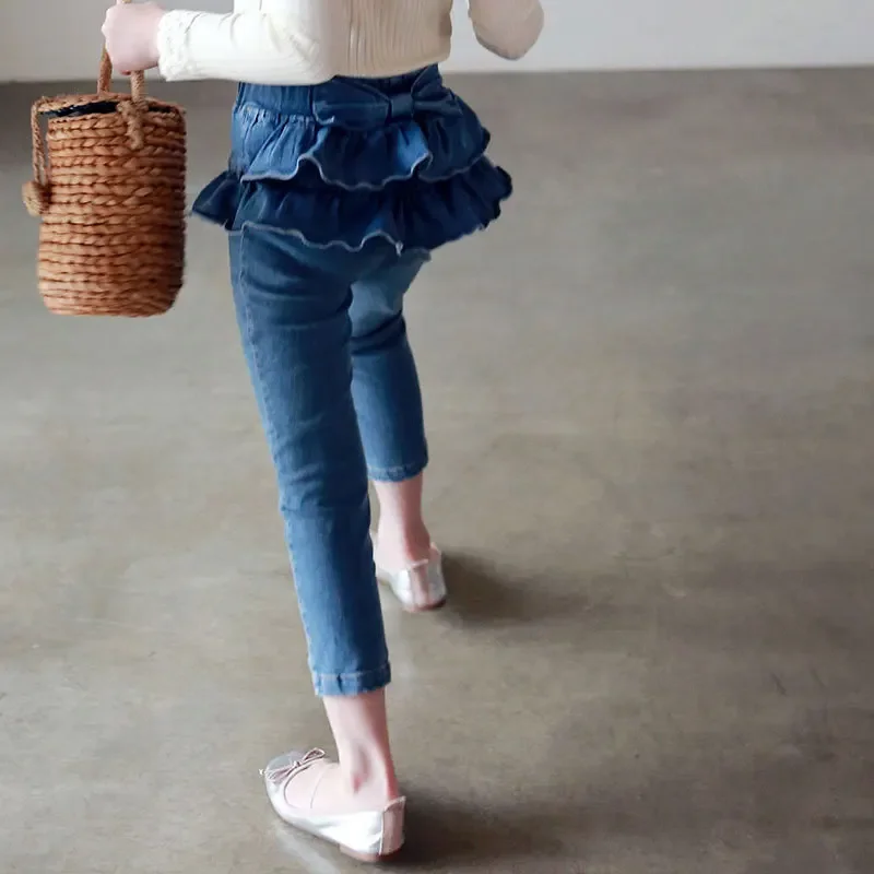 

Children Clothes 2022 Spring Autumn Girls Jeans Bow Elastic Waist Solid Full Length Casual Fashion Sweet Draped Jeans for Girls