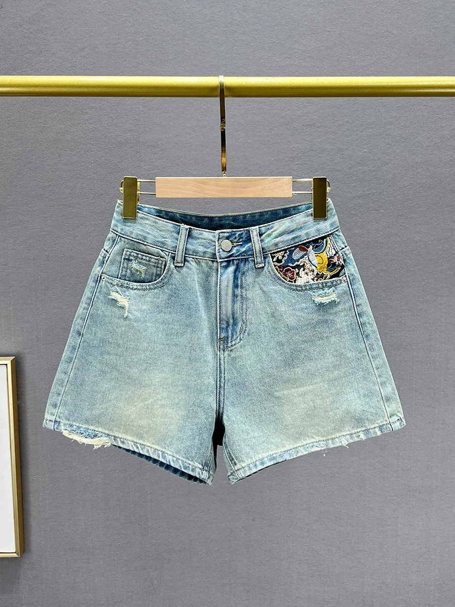 

High Waist A-Line Denim orts Women's Summer Slimming Wide Leg Pants Embroidered Distred Versatile Denim Skirt