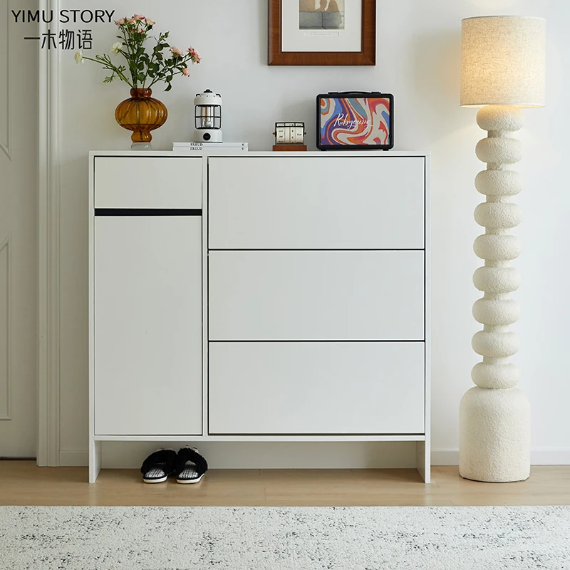 Tipping bucket shoe cabinet, ultra-thin, space-saving and large-capacity entry at the door of the home, simple white solid wood