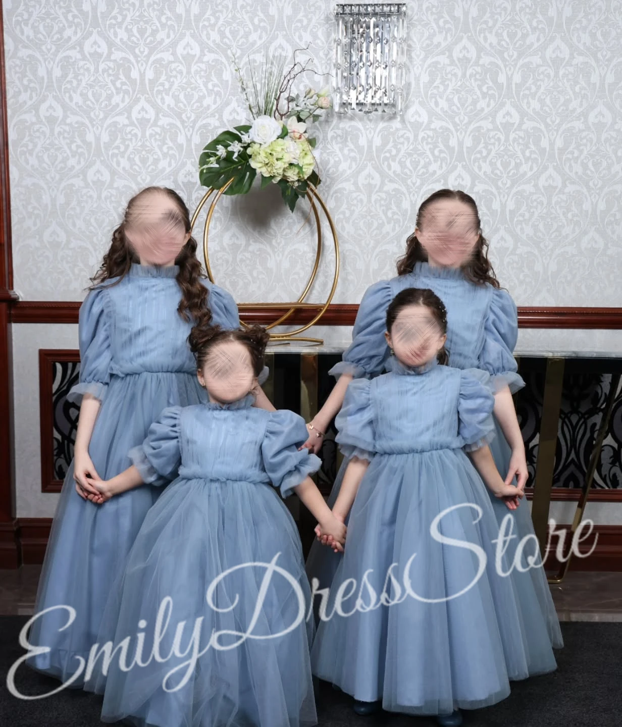 

Customized Blue Flower Girl Dress For Wedding High Neck Puffy 3/4 Sleeves Pleated Kids Bridesmaid Birthday First Communion Gown