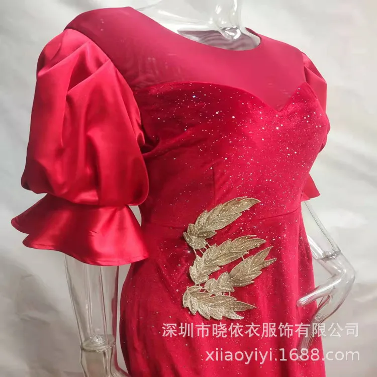 Vestidos largos negros de terciopelo con lentejuelas bordadas en el pecho, vestido de manga abombada con clase para mujer, fiesta de primavera y