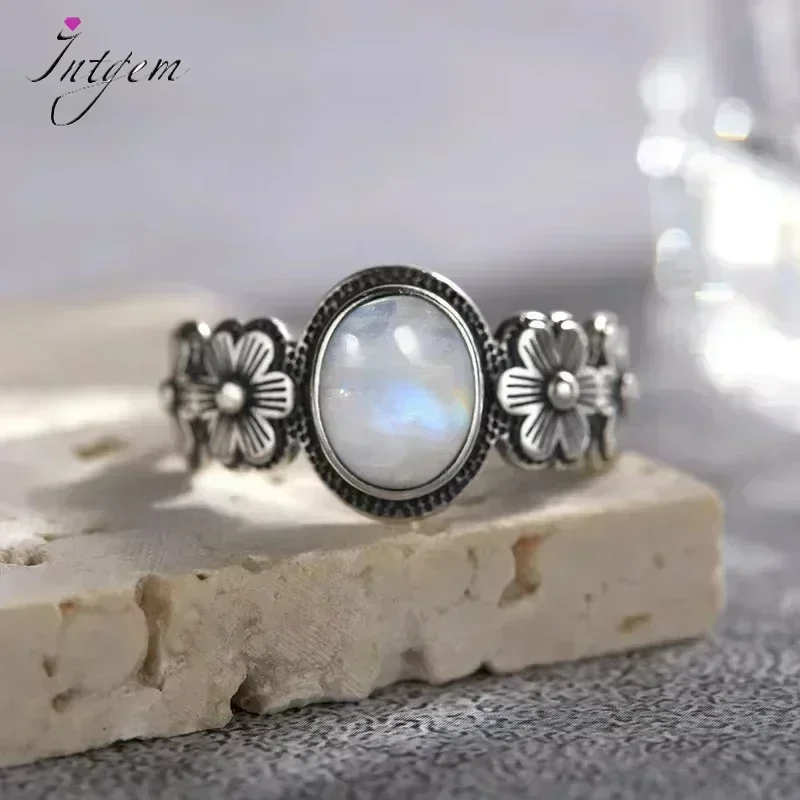 S925 Sterling Silver Ring Oval 8*10mm Natural Moonstone Ring For woman Vintage Ring