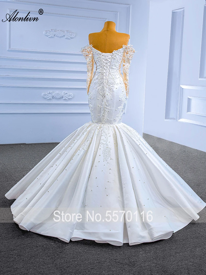 Alonlivn Real Photo ภาพลวงตาคอ Mermaid Wedding Dress ประดับด้วยลูกปัดไข่มุกเย็บปักถักร้อยลูกไม้แขนยาวทรัมเป็ตชุดเจ้าสาว