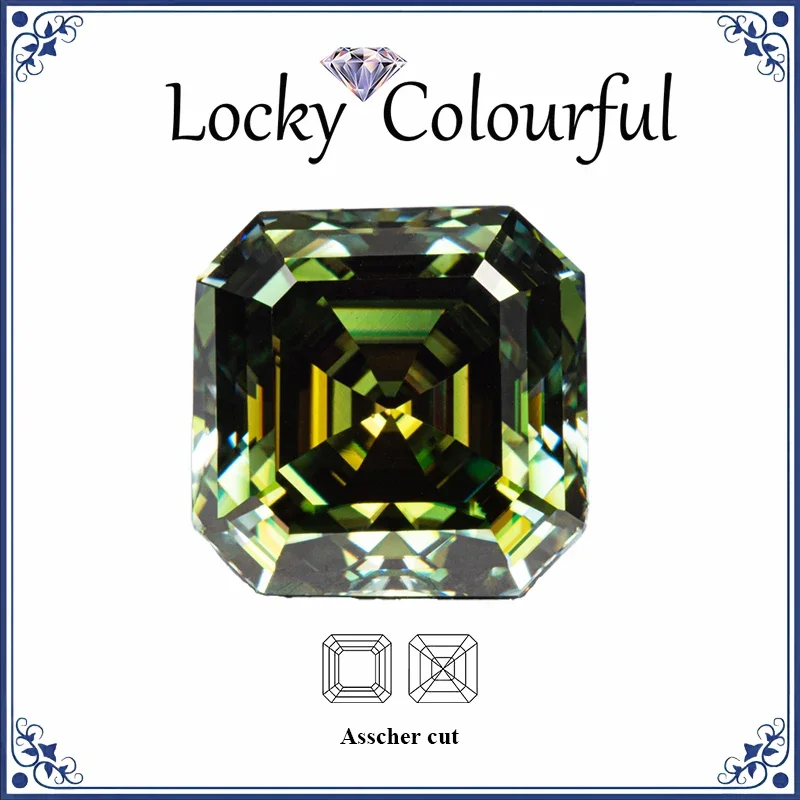 Moissanite Asscher Shape Primary Yellow Green Color Beads for Charms Jewelry Making Earrings Ring Materials with GRA Certificate