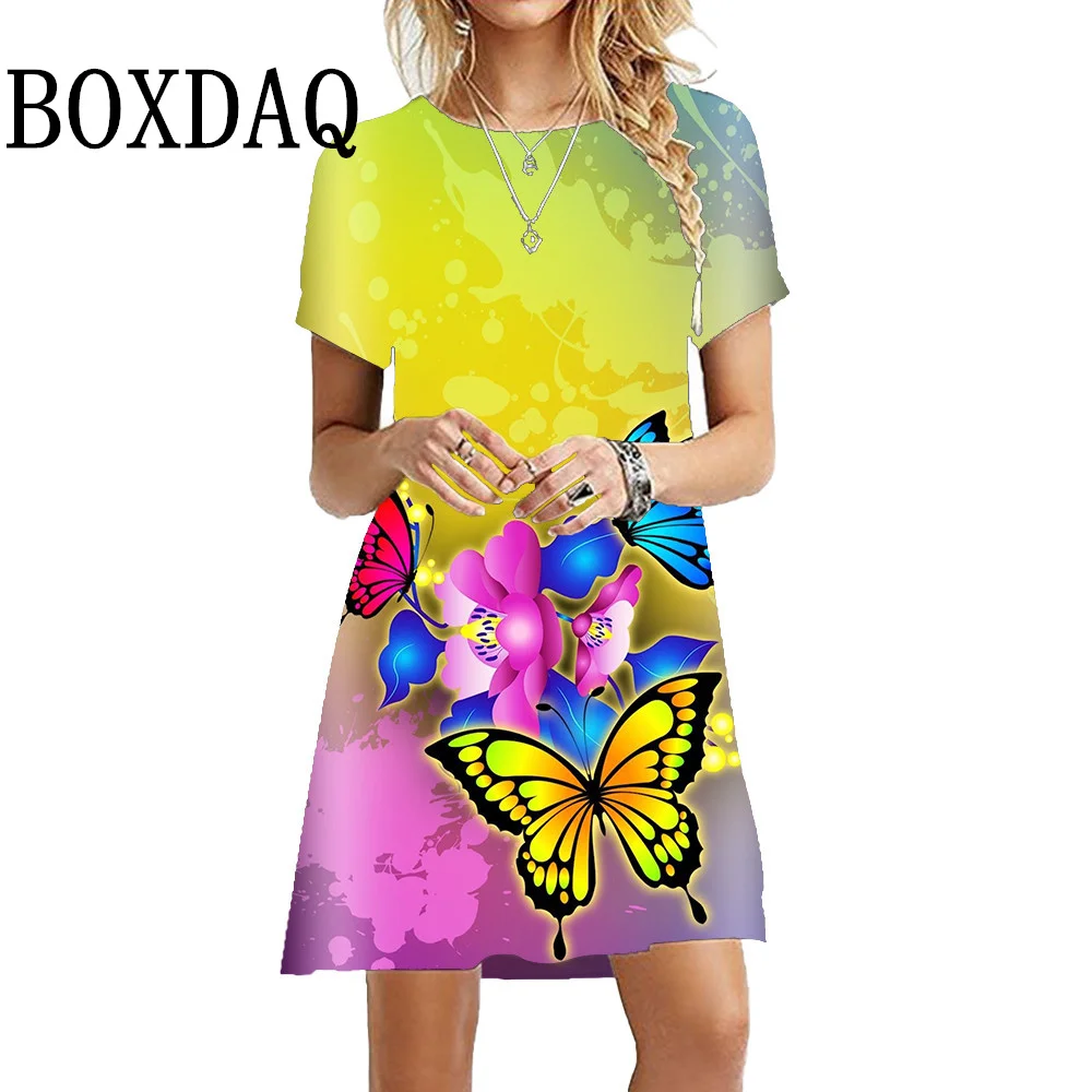 Summer Women's Dress Splash Ink Graffiti Print Short Sleeve Dress For Women 3D Butterfly Pattern Harajuku Y2k Party Clothes 2024