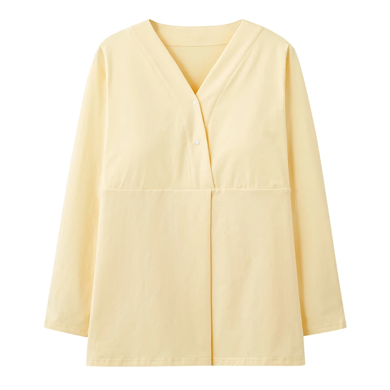 

With Chest Pads Postpartum Tops Full Pure Sleep Tops Female Home Pajamas Solid Color Autumn V-Neck Tops Casual Sleepwear Pijamas