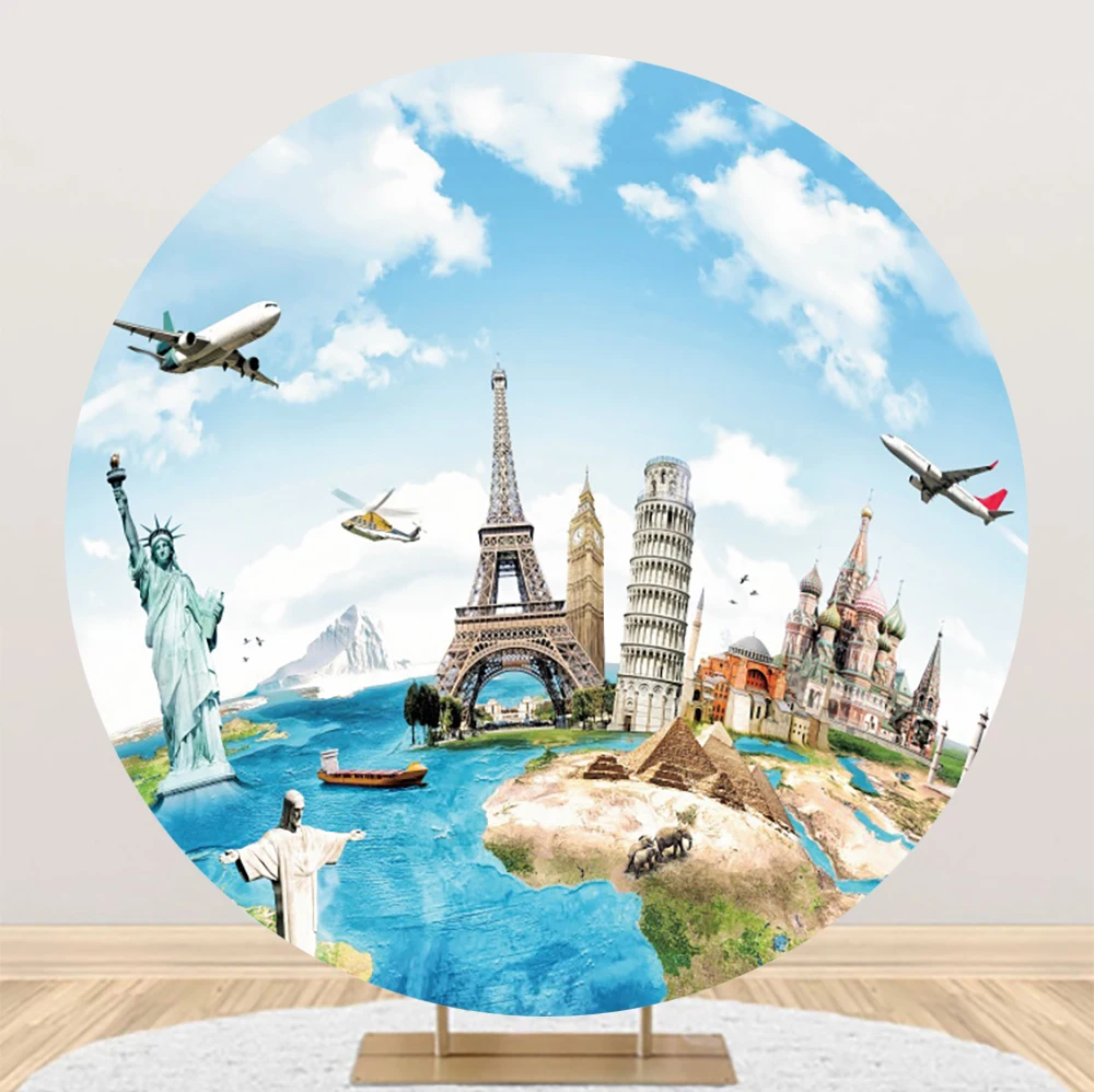 

Travel The World Landmarks Round Backdrop Cover Statue of Liberty Eiffel Tower Birthday Party Circle Photo Background Decoration