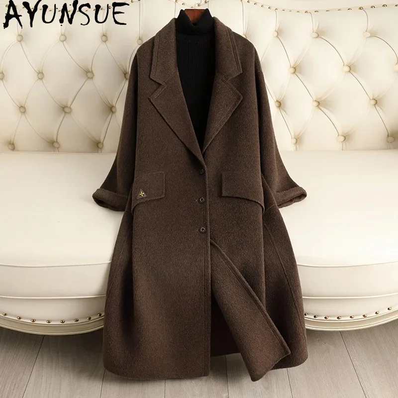 AYUNSUE 80% Real Wool Coats for Woman Luxury Long Coat Women 2024 Autumn Winter New in Outerwears Loose Women Clothing пальто