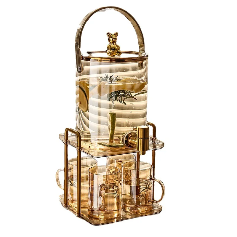

Light luxury glass cold kettle with faucet bucket set Large capacity household cold kettle Fruit tea Coke beverage bucket