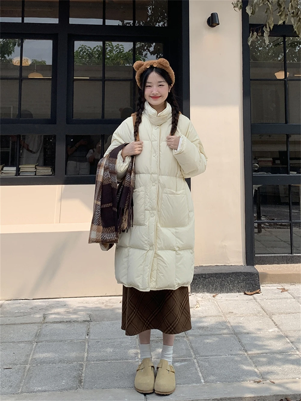 White Duck Down Coat for Women, Japanese Academy Style, Square Collar, Warm and Lightweight, Mid Length, New Winter Wear, 2023