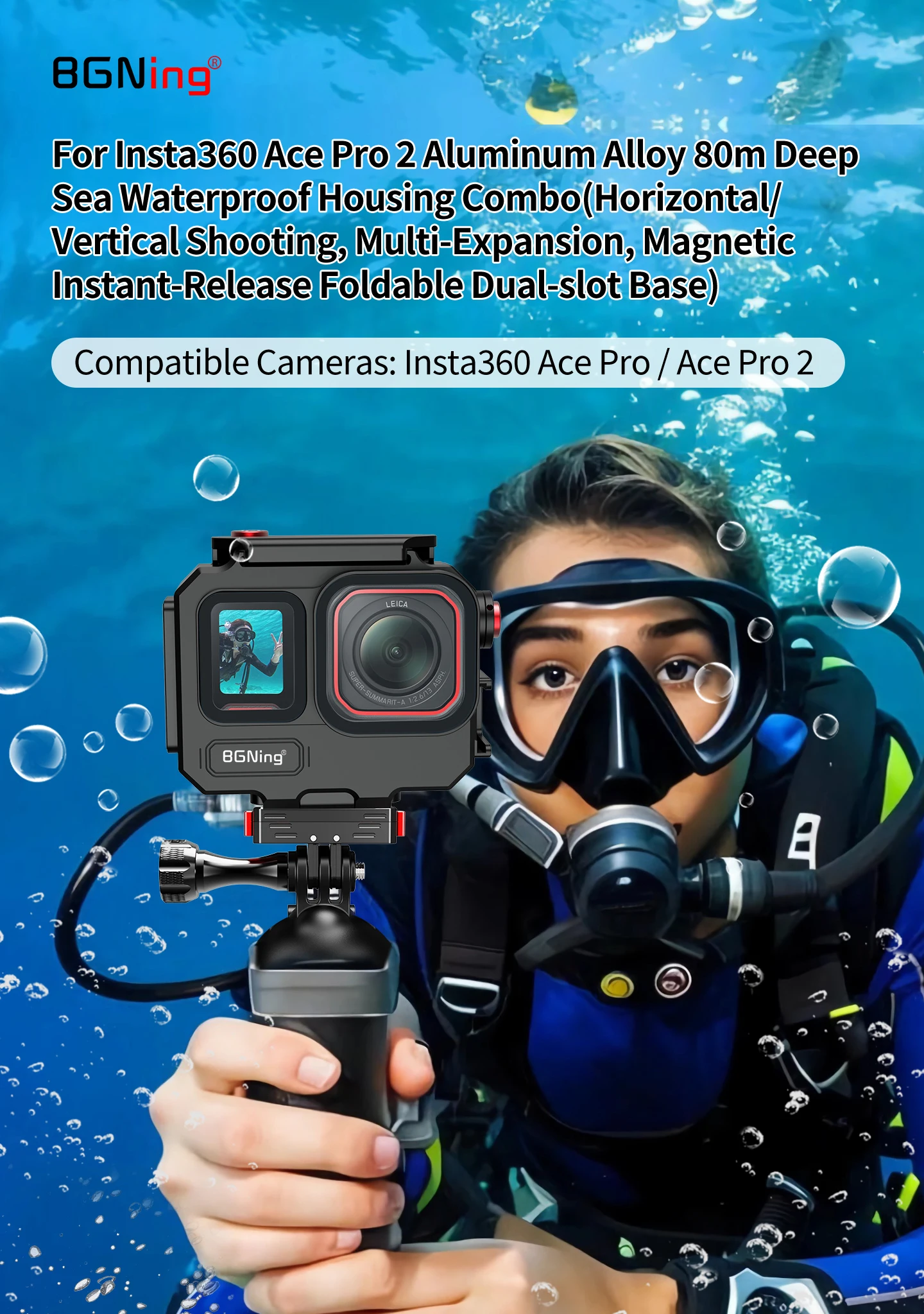 80M Tiefsee-Aluminium-Wasserdichtgehäuse IP68 für Insta360 Ace Pro 2 Action-Kamera-Käfig mit Schnellverschluss-Tauchgehäuse für Unterwasserfotografie – Detail 3