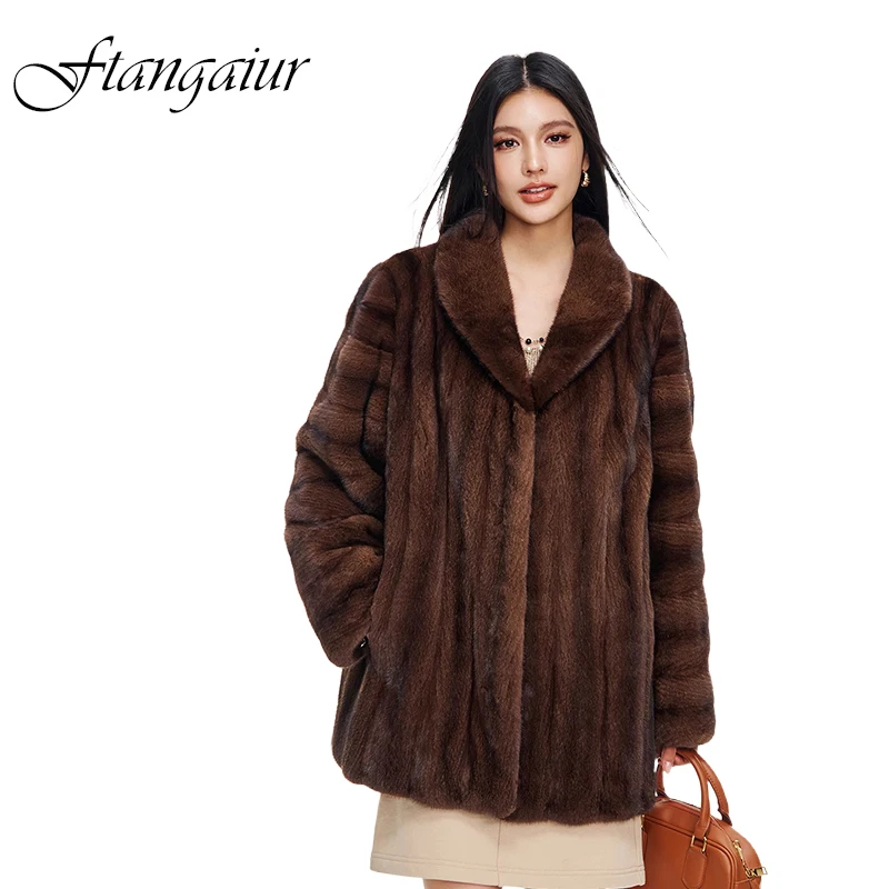Ftangaiur Winter Import Velvet Mink Fur Coat Turn-Down Collar Mink Coat Women New Medium  Natural Real Mink Fur Coats