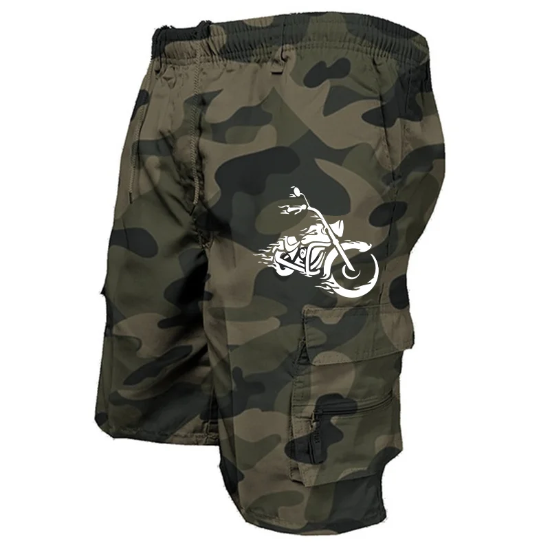 Trendy Men\'s Pocket Pants Casual Loose Jogging Shorts Moto Print Summer Fashion Multi Pocket Drawstring Shorts Beach Shorts