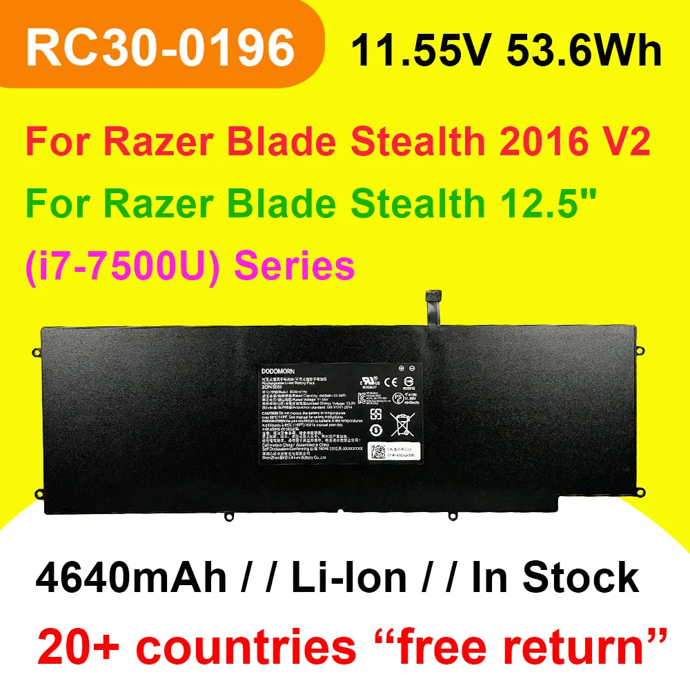 11.55V 53.6Wh 4640mAh RC30-0196 Laptop Battery For Razer Blade Stealth 2016 V2/13 2017/12.5