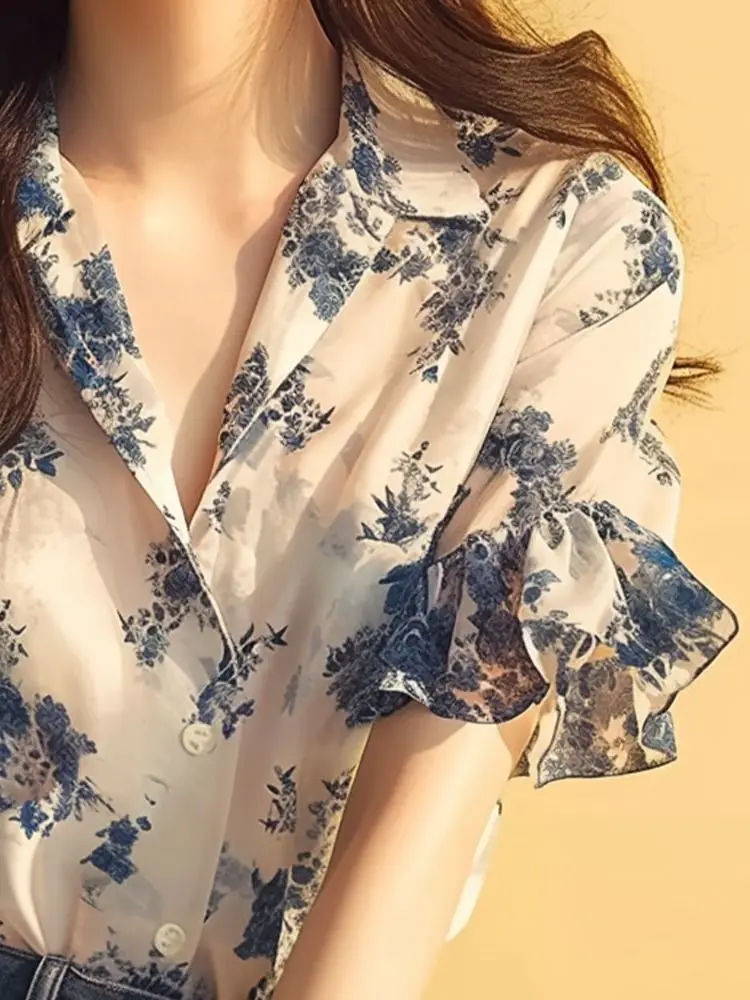 French Top Temperament Ruffled Floral Short-sleeved Shirt Summer Fashion Versatile Elegant Cardigan