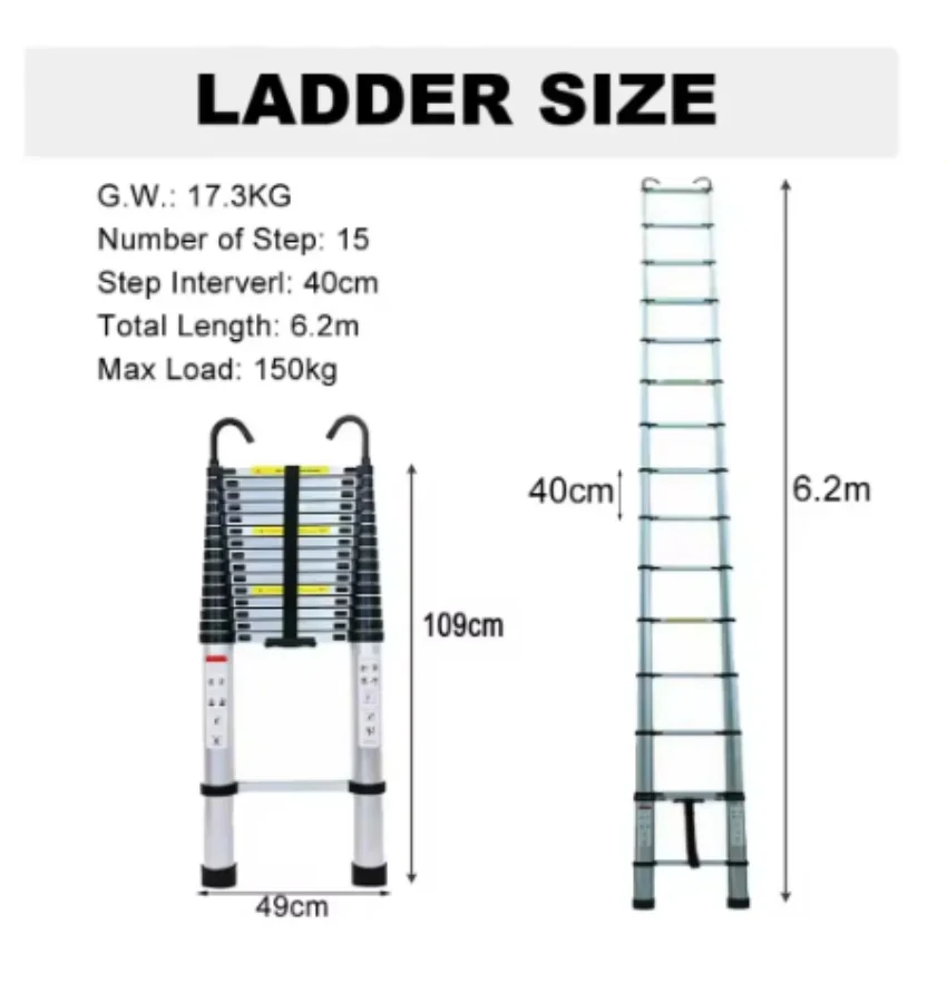 DayPlus Multi-Purpose 6.2M Telescopic Ladder with Removable Hook Aluminium Folding Ladder Non-Slip Extendable Robust 150kg/330lb