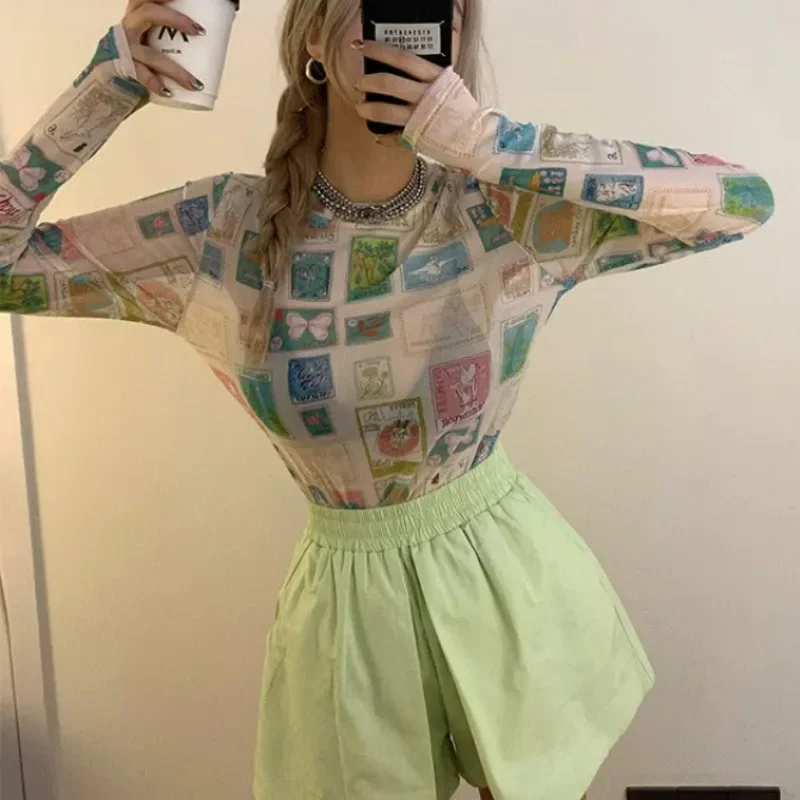Women Kawaii Clothes Summer Vintage Print Harajuku Y2K Chic Mesh T Shirt Streetwear Casual O Neck Long Sleeve Thin Sunscreen Top