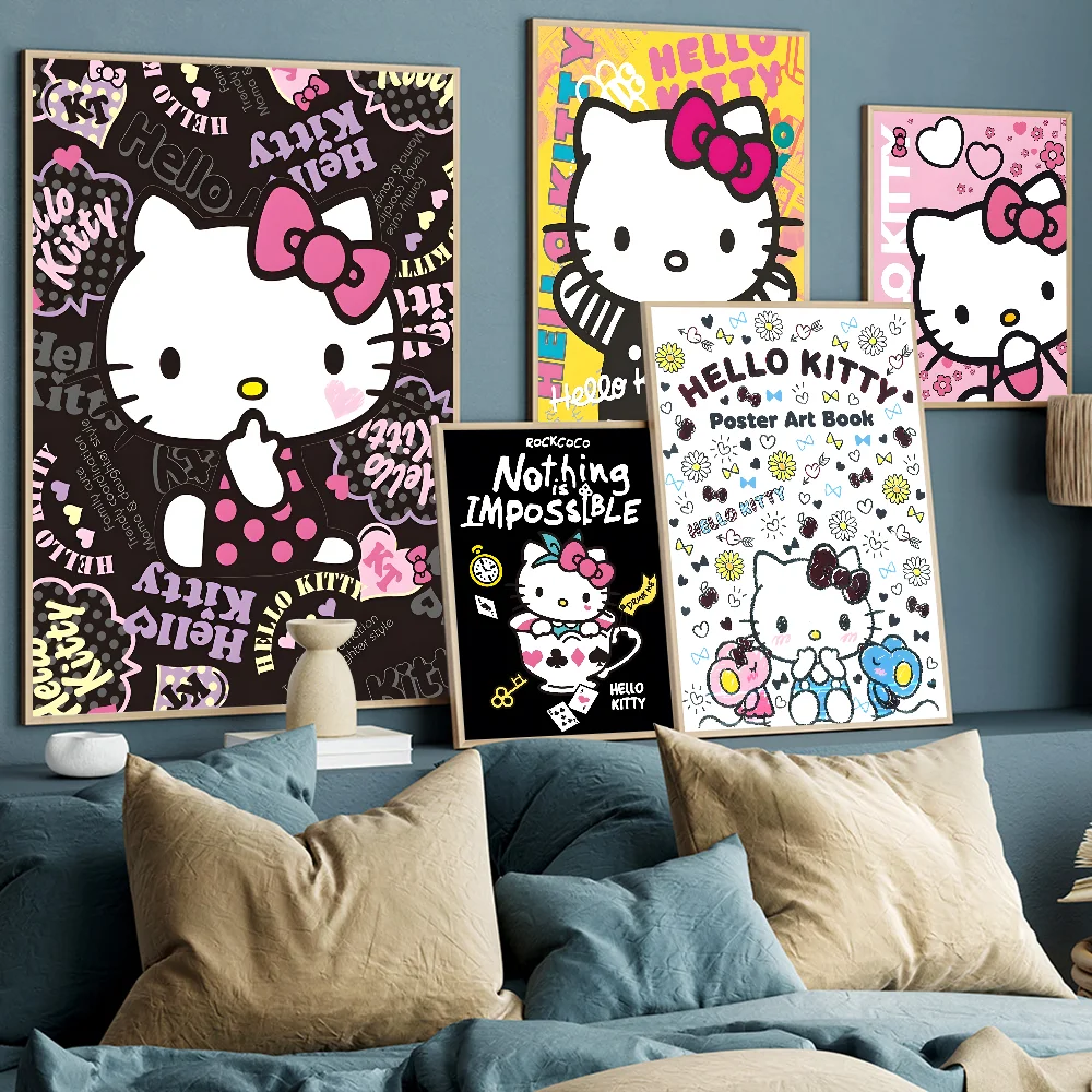 Cute Cat H-Hello K-Kitty Vintage Posters Sticky Retro Kraft Paper Sticker DIY Room Bar Cafe Kawaii Room Decor