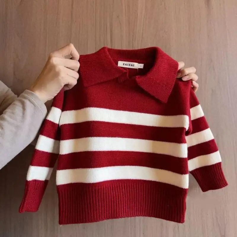 

Autumn Winter Boys Girls Lapel Sweater Kids Stripes Pullover Knitwear Cotton Thicken Warm Loungewear Jumper Kids Clothes