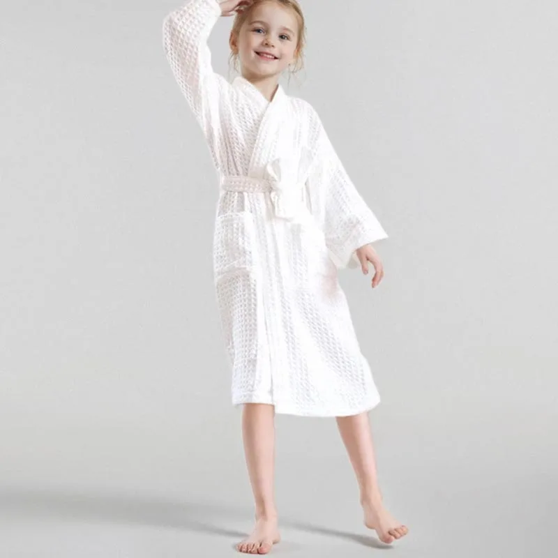 Children's Cotton Bathrobe Absorbent & Quick-Dry Long-Length Swimming Bathing Robe with Hood Waffle Weave Warm