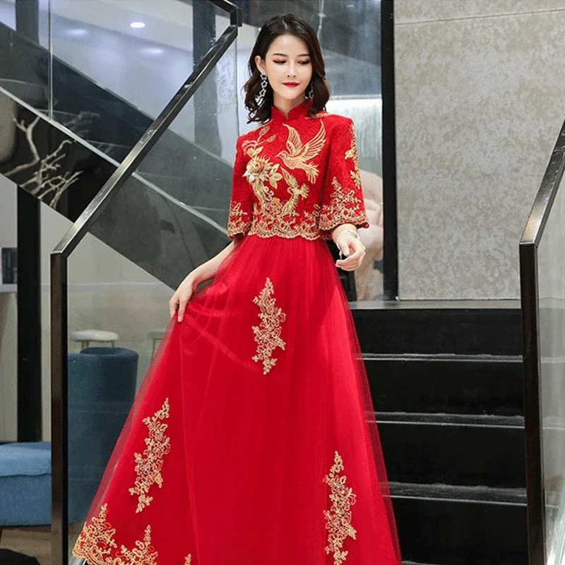 

Red Party Evening Long Cheongsam Retro Slim Dress Marriage Gown Chinese Style Wedding Qipao Lady Clothes kimono robe Formal Gown