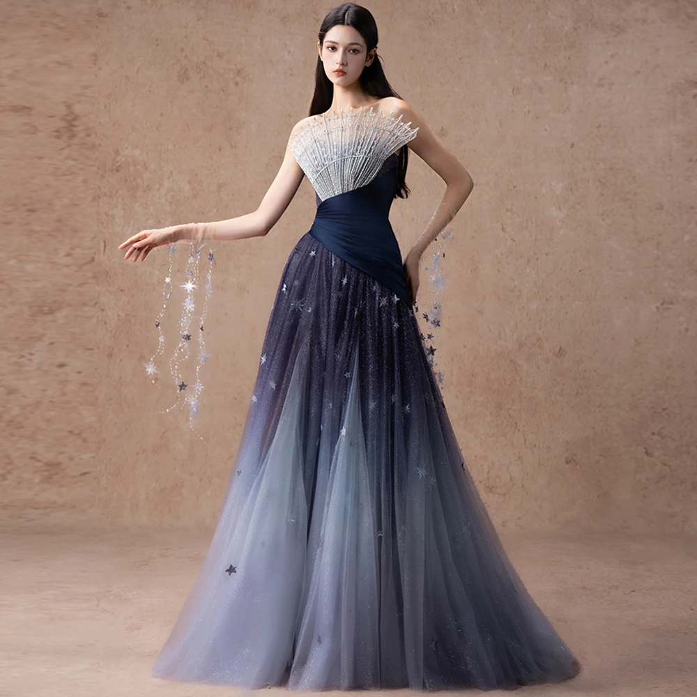 

Elegant Blue Tulle Evening Dress Exquisite Strapless Customized Celebrity Gowns Luxury Tassel Beading Bridal Party