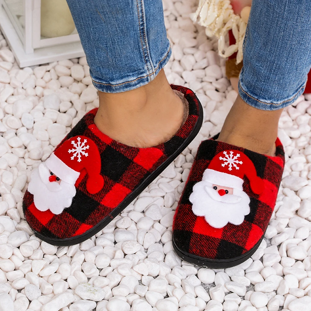 Christmas Fuzzy Indoor Slippers Cozy Santa Claus Fluffy Fur Slippers Flat Plush Slip-on House Shoes Anti Slip Household Supplies