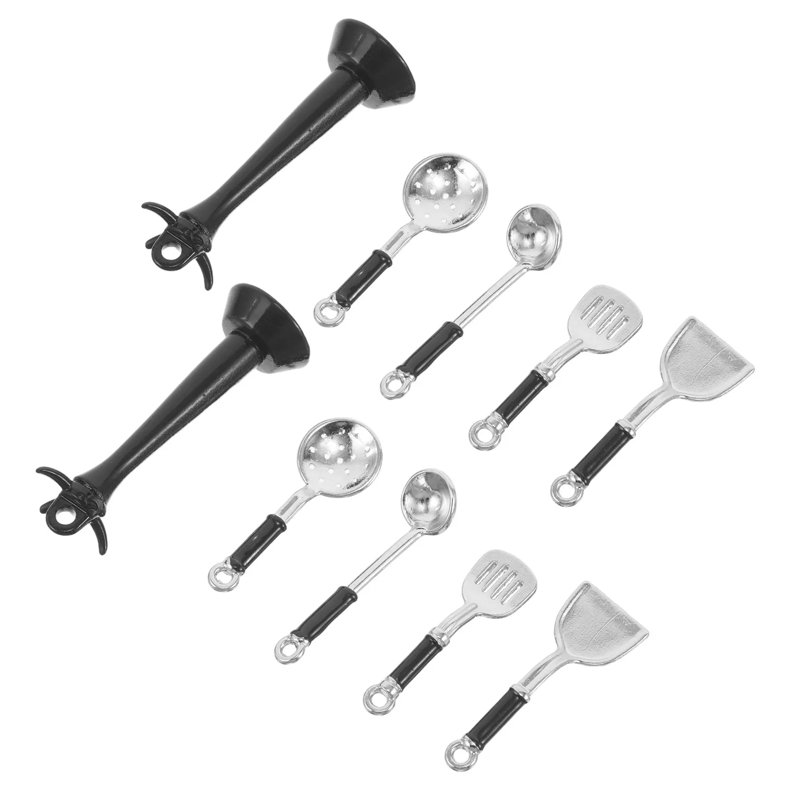 ชุดอุปกรณ์ครัวจิ๋ว 2 ชุด ของเล่นจำลองอุปกรณ์ครัวขนาดเล็ก สมจริง ประกอบด้วย ตะหลิว ทัพพี กระชอน พร้อมฐานวาง อุปกรณ์จัดระเบียบ ทำจากโลหะผสม