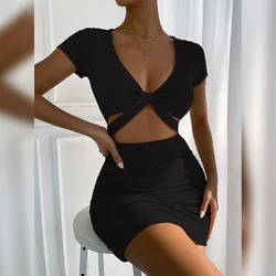 2022 Hollow Folds Mini Dresses Sexy Women Fashion Elegant Bodycon Dress Y2K Summer Club Party Backless Evening Vestidos Clothing