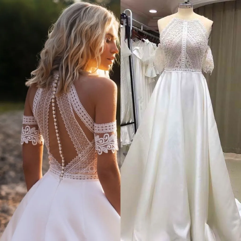 A Line Satin Long Wedding Dress With Short Sleeves Lace Brida Gown Simple Dress Sweep Train