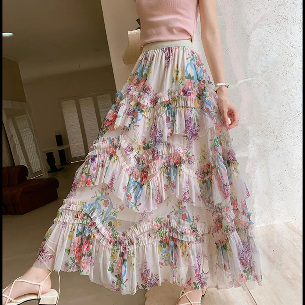 

Spring Summer Elegant Prairie Chic Midi Skirt Korean Fashion Floral Long Skirts Women 2024 High Waisted A-Line Tulle Tutu Skirt