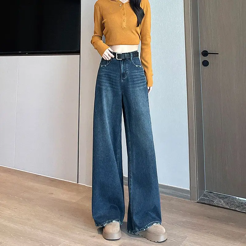 

Jeans Women Denim Wide Leg Pants Streetwear High Waist Washed Vintage Distressed Pockets Female Loose Trousers Floor Length